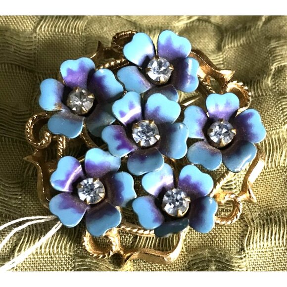 Vintage Avon Blue Enamel Floral Brooch/Pendant With Rhinestones & Gold-Tone Meta - Picture 3 of 7